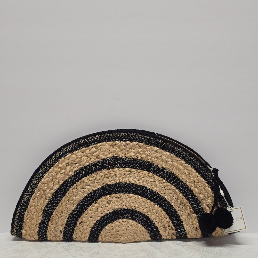 Shiraleah Vesta Half Moon Taco Jute Striped Boho Clutch Tan Black NWT